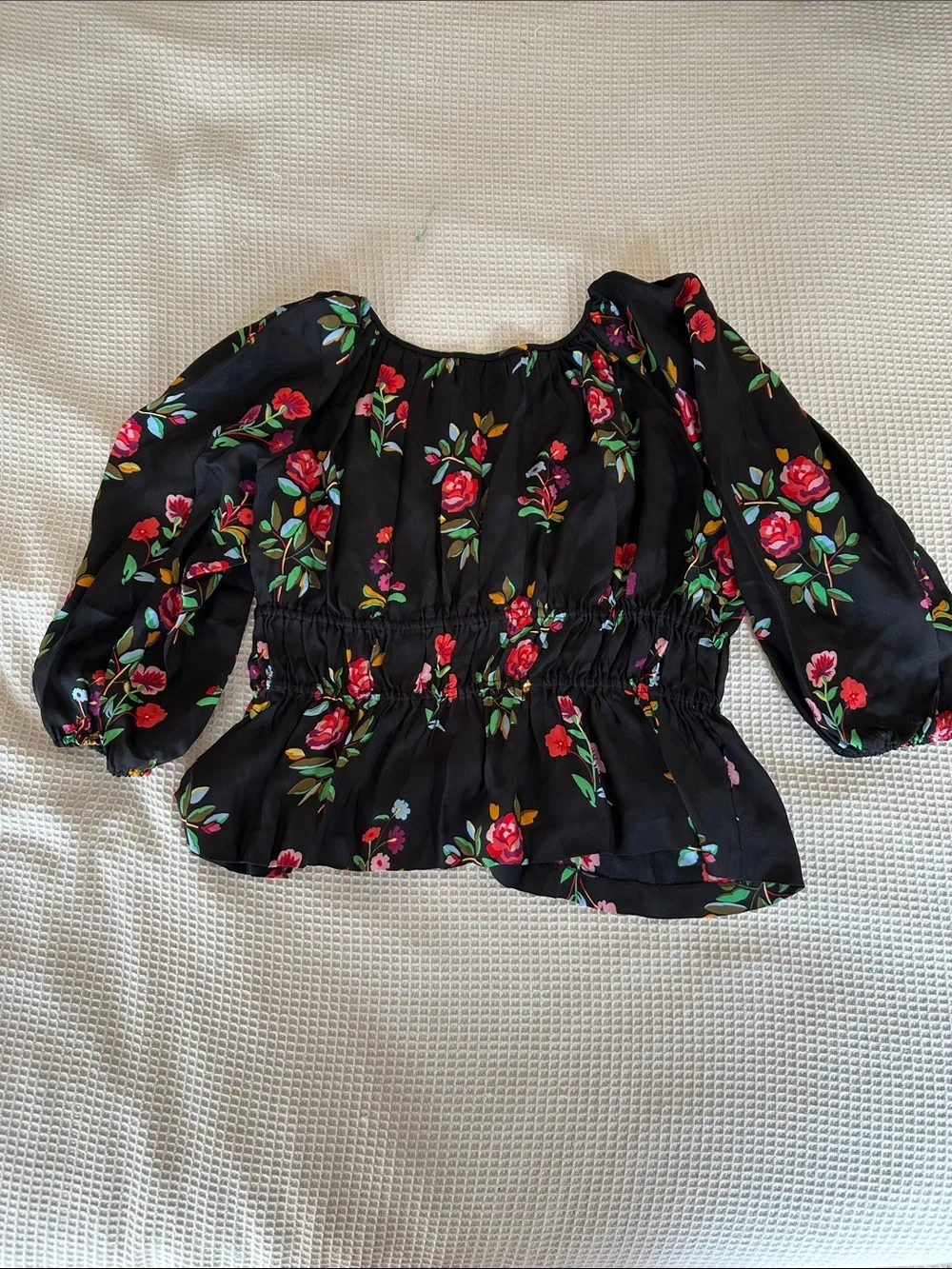 Kate Spade Floral Smocked Waist Blouse Black & Floral sz L